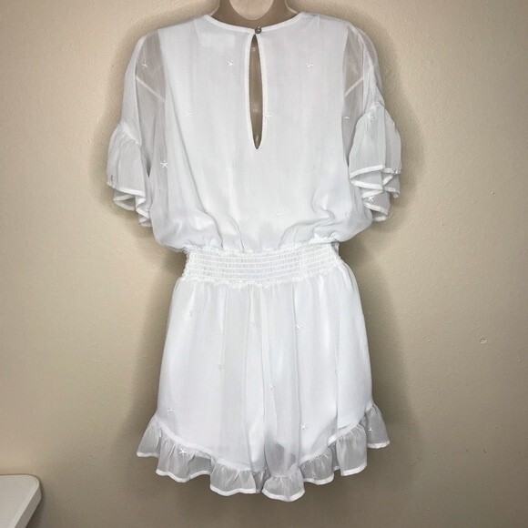 Peach Love Romper White Embroidered Gauzy Ruffle Hem Front Tie Womens Medium - Picture 6 of 16